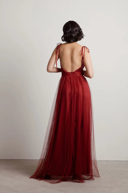 Romantic Burgundy Slit A-Line V-Neck Sleeveless Open-Back Floor-Length Prom Dress