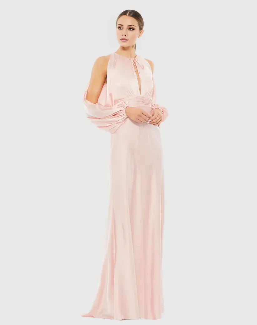 Timeless Special Occasion Elegant Blush Pink Satin Long Sleeve Long Prom Dress
