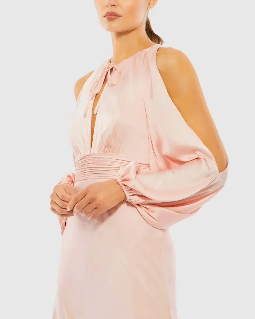 Timeless Special Occasion Elegant Blush Pink Satin Long Sleeve Long Prom Dress