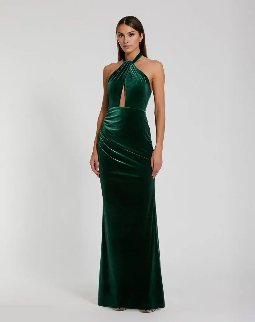 Special Occasion Sophisticated Graceful Elegant Emerald Green Velvet Sleeveless Floor-Length Prom Dress