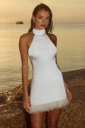 Refined Beautiful Timeless Chic Elegant White Satin Halter Sleeveless Mini Homecoming Dress
