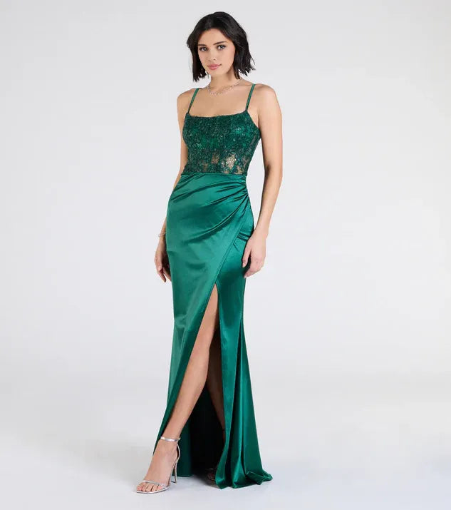 Special Occasion Sophisticated Elegant Emerald Green Satin Square Neck Sleeveless Floor-Length Prom Dress