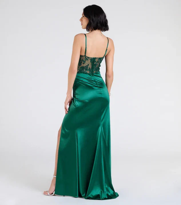 Special Occasion Sophisticated Elegant Emerald Green Satin Square Neck Sleeveless Floor-Length Prom Dress