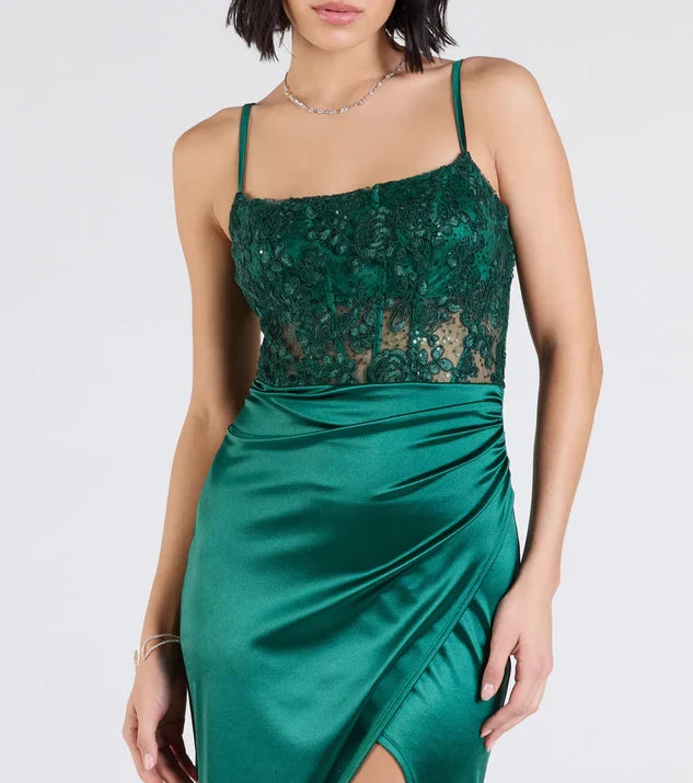 Special Occasion Sophisticated Elegant Emerald Green Satin Square Neck Sleeveless Floor-Length Prom Dress