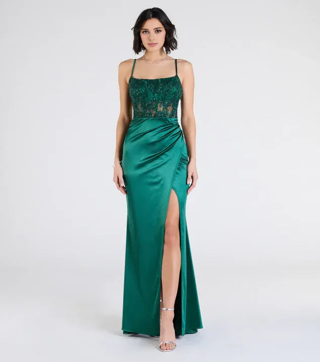 Special Occasion Sophisticated Elegant Emerald Green Satin Square Neck Sleeveless Floor-Length Prom Dress