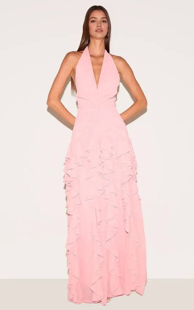 Pink Charming Light A-Line Halter Neck Sleeveless Ruched Backless Floor-Length Prom Dresses