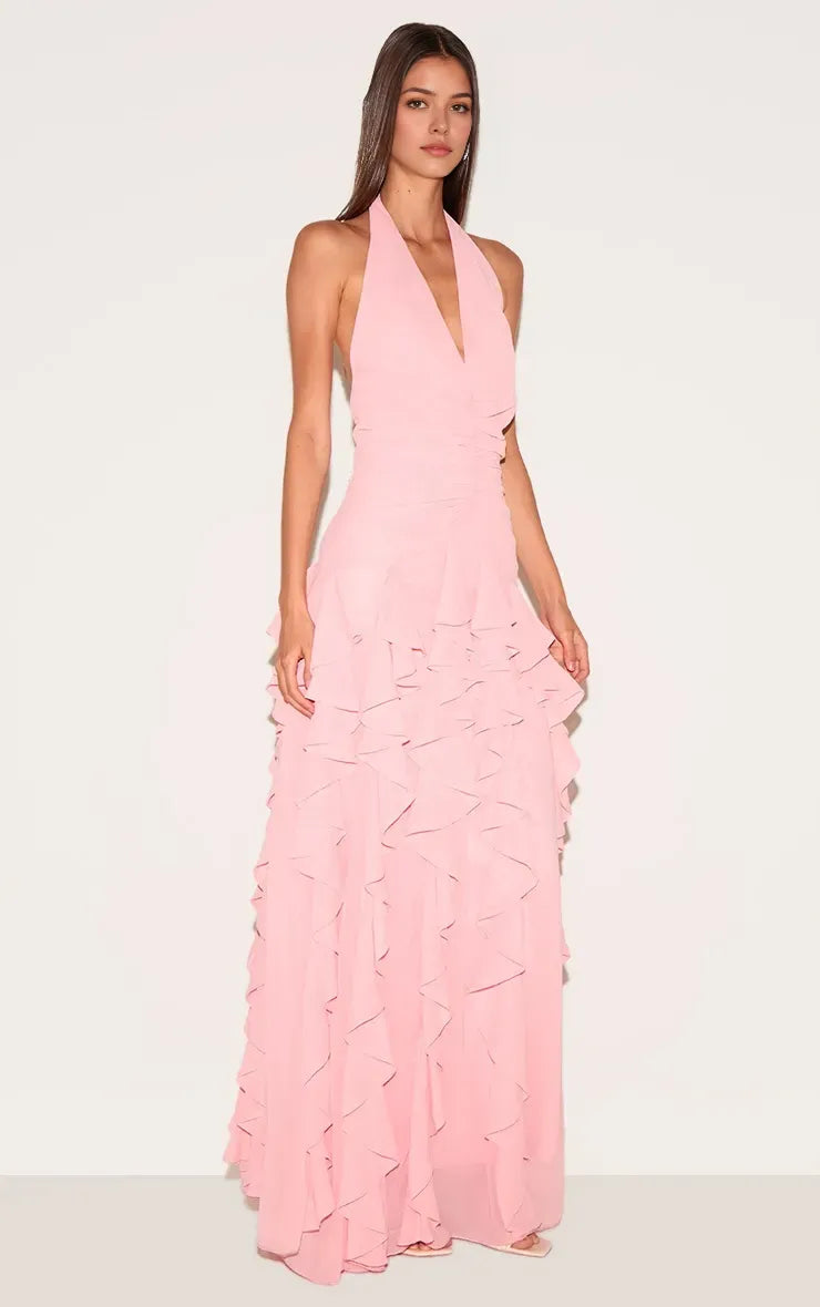 Pink Charming Light A-Line Halter Neck Sleeveless Ruched Backless Floor-Length Prom Dresses