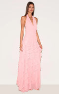 Pink Charming Light A-Line Halter Neck Sleeveless Ruched Backless Floor-Length Prom Dresses