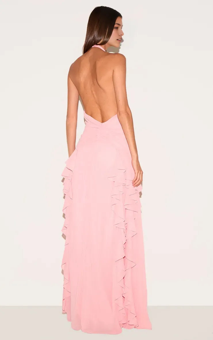 Pink Charming Light A-Line Halter Neck Sleeveless Ruched Backless Floor-Length Prom Dresses