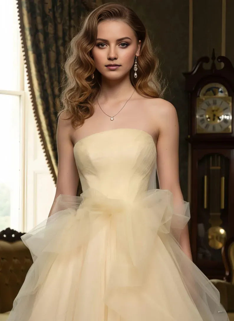 Yellow Charming Light A-Line Strapless Sleeveless Back Zip Ruched Bow Back Floor-Length Prom Dress