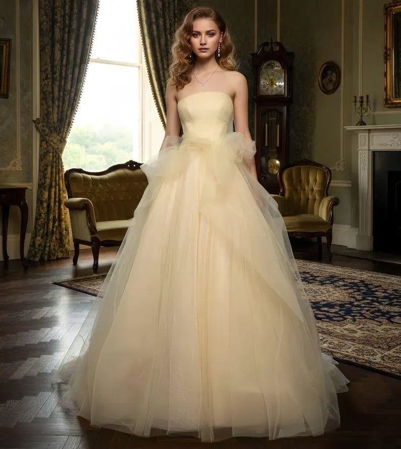 Yellow Charming Light A-Line Strapless Sleeveless Back Zip Ruched Bow Back Floor-Length Prom Dress