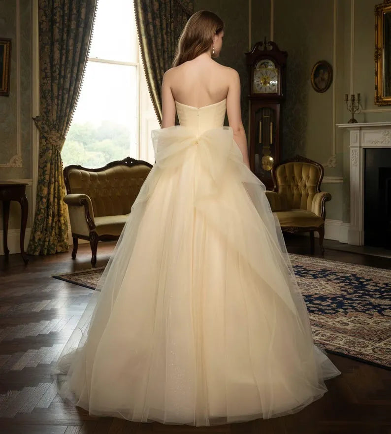 Yellow Charming Light A-Line Strapless Sleeveless Back Zip Ruched Bow Back Floor-Length Prom Dress