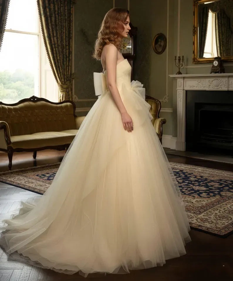 Yellow Charming Light A-Line Strapless Sleeveless Back Zip Ruched Bow Back Floor-Length Prom Dress