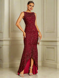 Sophisticated Graceful Stylish Refined Elegant Burgundy Sequin Mermaid Asymmetric Sleeveless Prom Dress