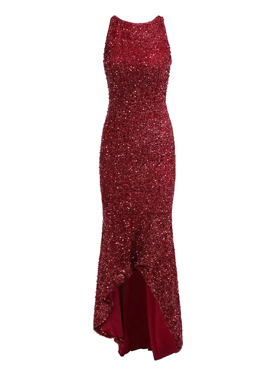 Sophisticated Graceful Stylish Refined Elegant Burgundy Sequin Mermaid Asymmetric Sleeveless Prom Dress