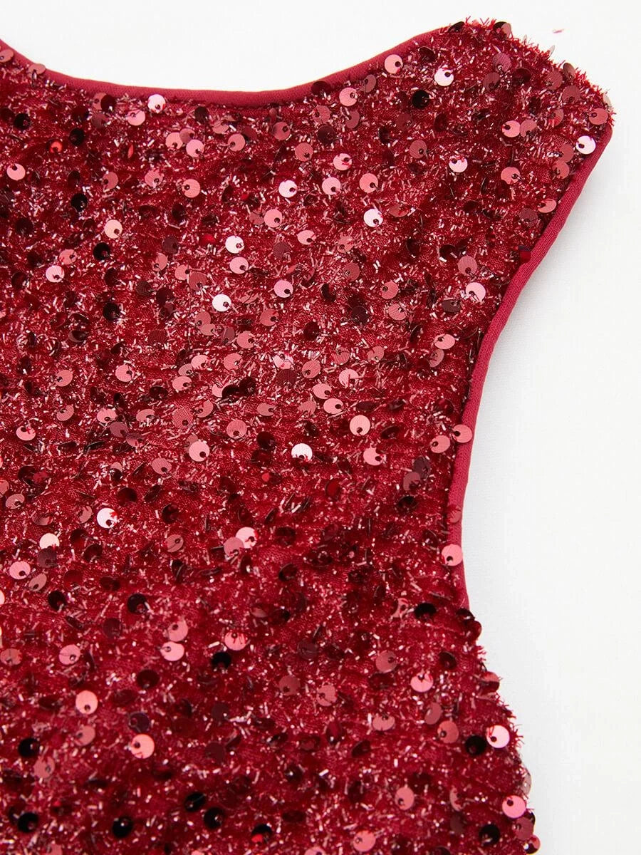 Sophisticated Graceful Stylish Refined Elegant Burgundy Sequin Mermaid Asymmetric Sleeveless Prom Dress