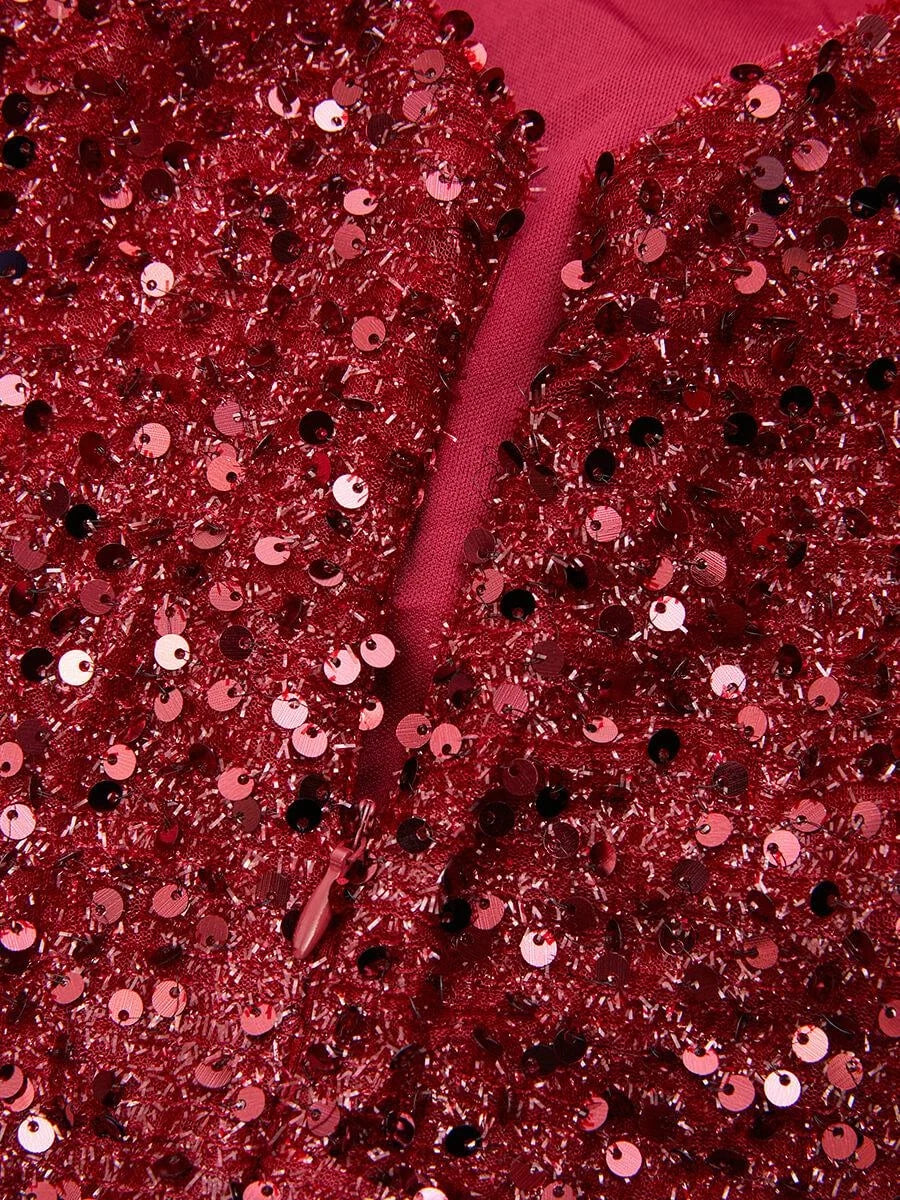 Sophisticated Graceful Stylish Refined Elegant Burgundy Sequin Mermaid Asymmetric Sleeveless Prom Dress