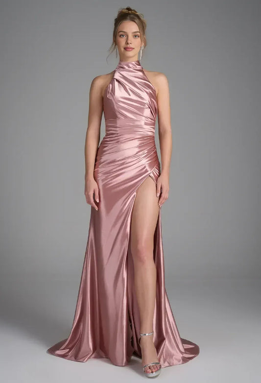 Sophisticated Graceful Stylish Elegant Dusty Rose Satin Mermaid Halter Sleeveless Prom Dress