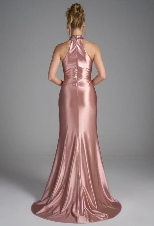 Sophisticated Graceful Stylish Elegant Dusty Rose Satin Mermaid Halter Sleeveless Prom Dress