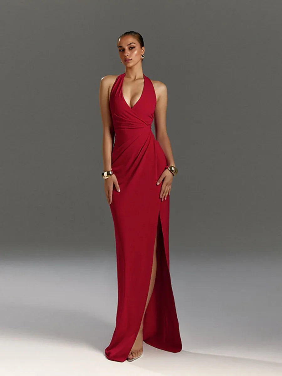 Special Occasion Sophisticated Graceful Stylish Refined Elegant Red Mermaid Halter Sleeveless Prom Dress