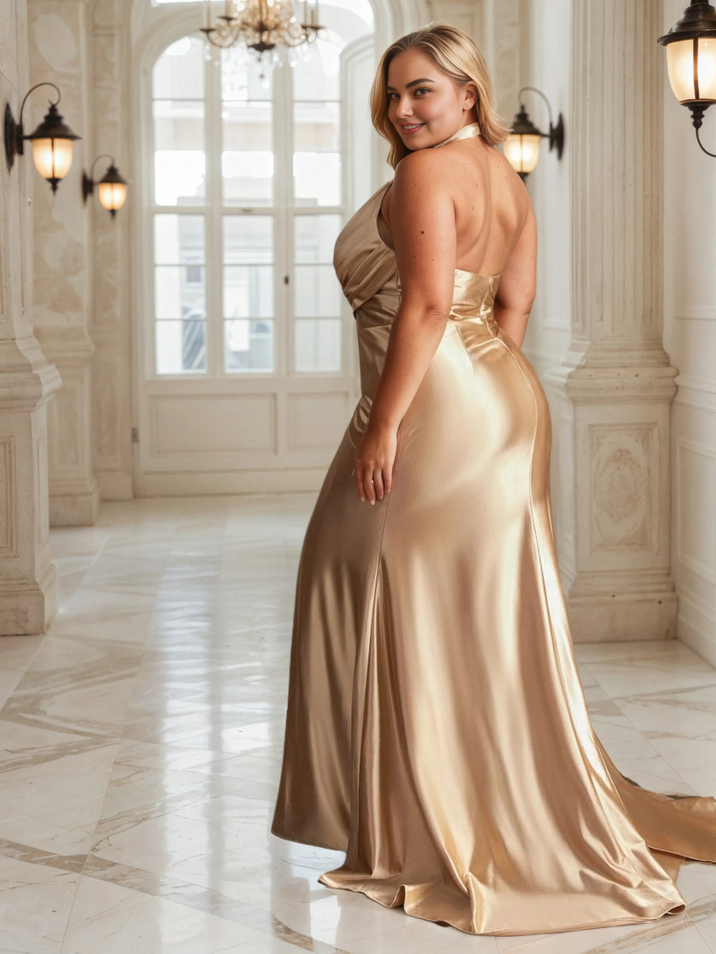 Beautiful Timeless Special Occasion Elegant Gold Satin Mermaid Halter Sleeveless Prom Dress