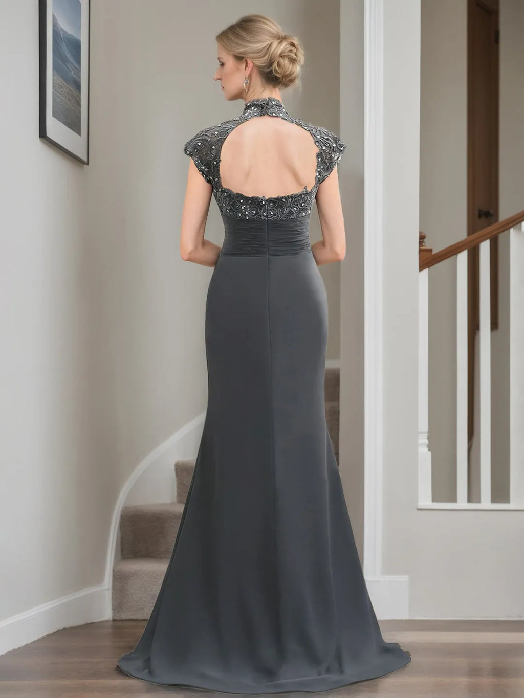 Charming Mermaid High-Neck Cap Sleeves Cutout-Back Floor-Length Mother of the Bride Dresses with Ruffles Rhinestones