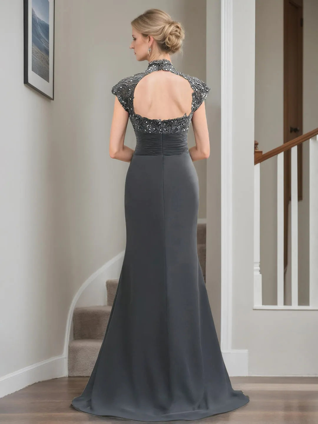Charming Mermaid High-Neck Cap Sleeves Cutout-Back Floor-Length Mother of the Bride Dresses with Ruffles Rhinestones