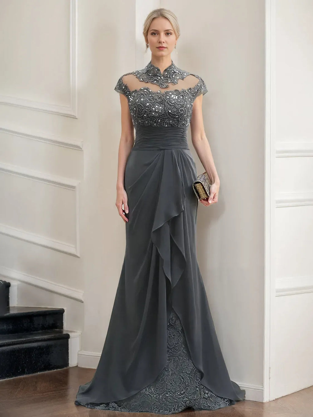 Charming Mermaid High-Neck Cap Sleeves Cutout-Back Floor-Length Mother of the Bride Dresses with Ruffles Rhinestones