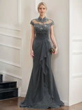 Charming Mermaid High-Neck Cap Sleeves Cutout-Back Floor-Length Mother of the Bride Dresses with Ruffles Rhinestones