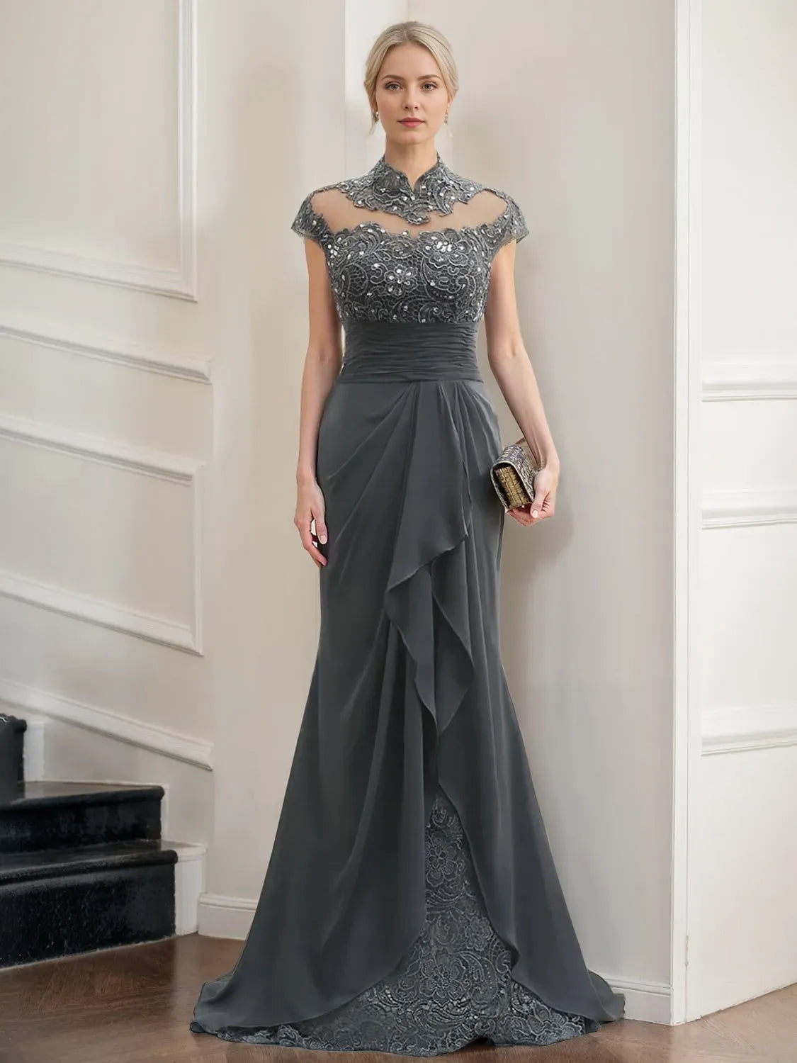 Charming Mermaid High-Neck Cap Sleeves Cutout-Back Floor-Length Mother of the Bride Dresses with Ruffles Rhinestones
