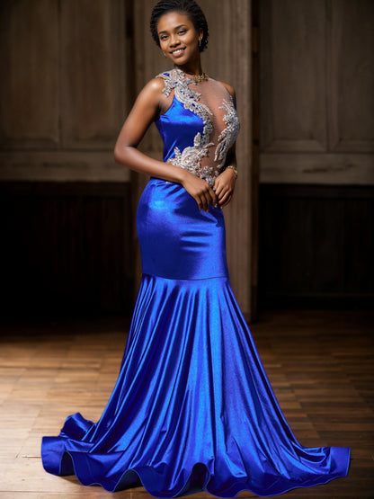 Sophisticated Graceful Stylish Refined Elegant Royal Blue Satin Mermaid Sleeveless Prom Dress