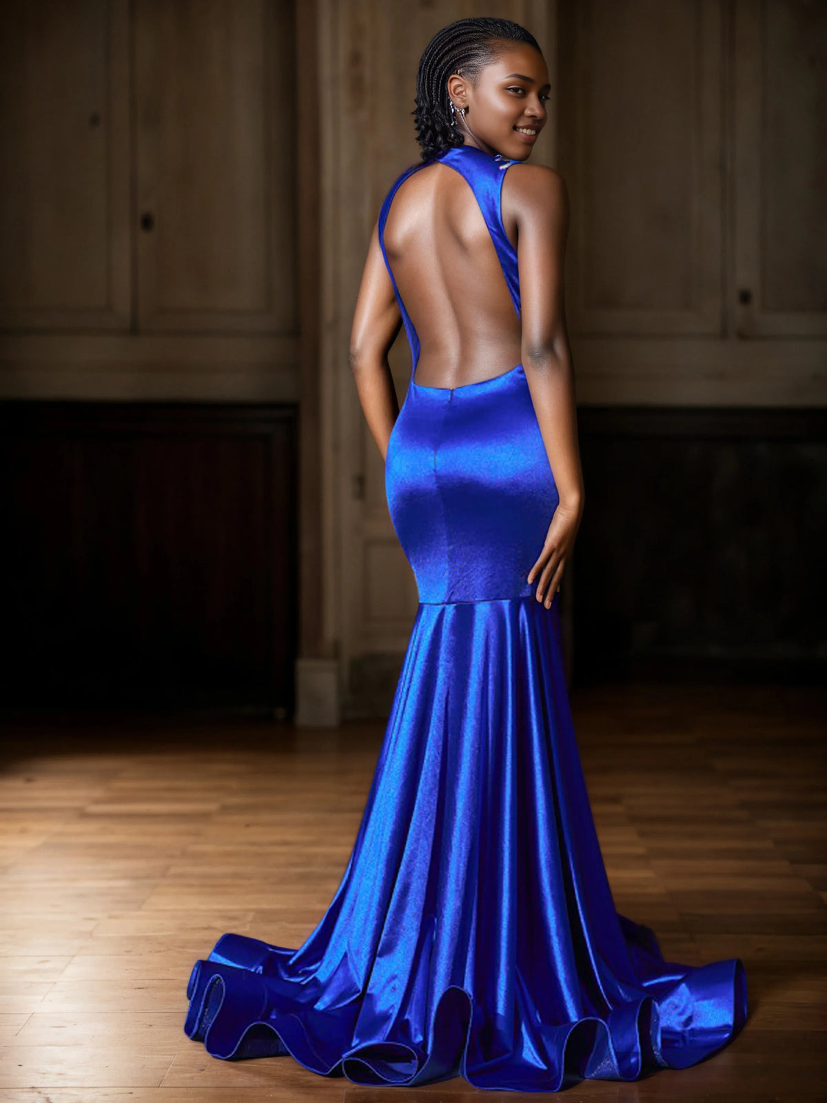 Sophisticated Graceful Stylish Refined Elegant Royal Blue Satin Mermaid Sleeveless Prom Dress