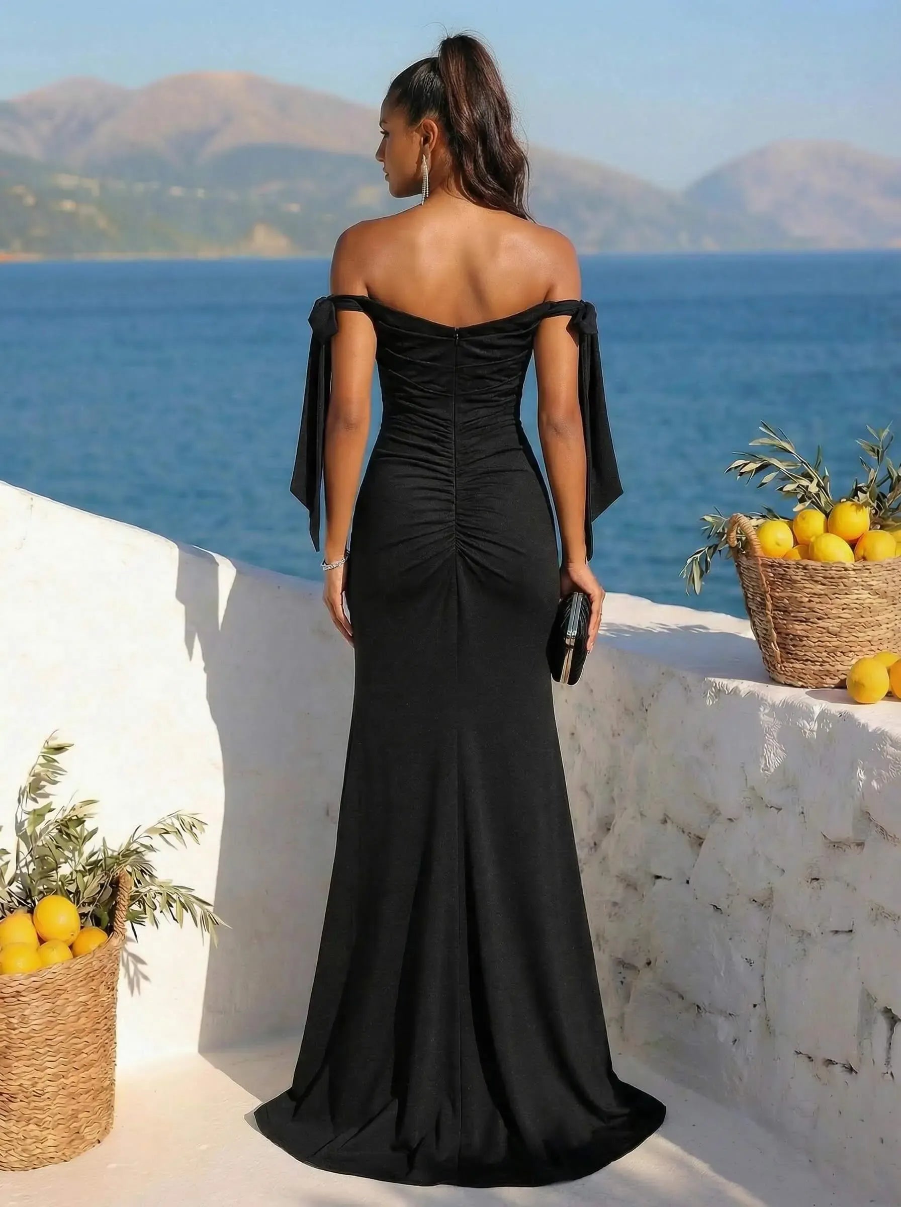 Black Charming Mermaid Off-Shoulder Bow Straps Long Prom Dress With Slit