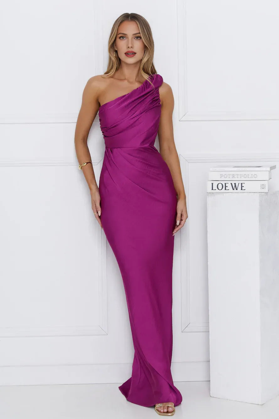 Charming Mermaid One Shoulder Pleated Berry Maxi Prom Dress Custom