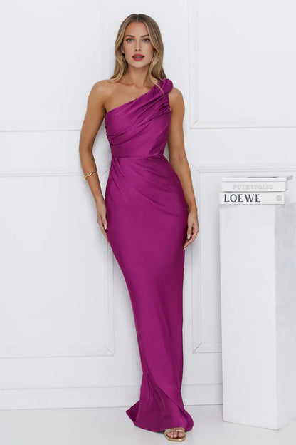 Luxurious Red Pleated Mermaid One-Shoulder Classic-Sleeve Classic-Back Floor-Length Prom Dress