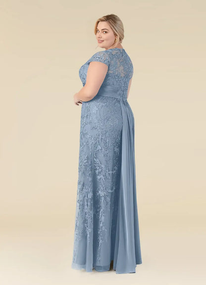 Elegant Dusty Blue Chiffon Mermaid Scoop Neck Floor-Length Mother of the Bride Dress
