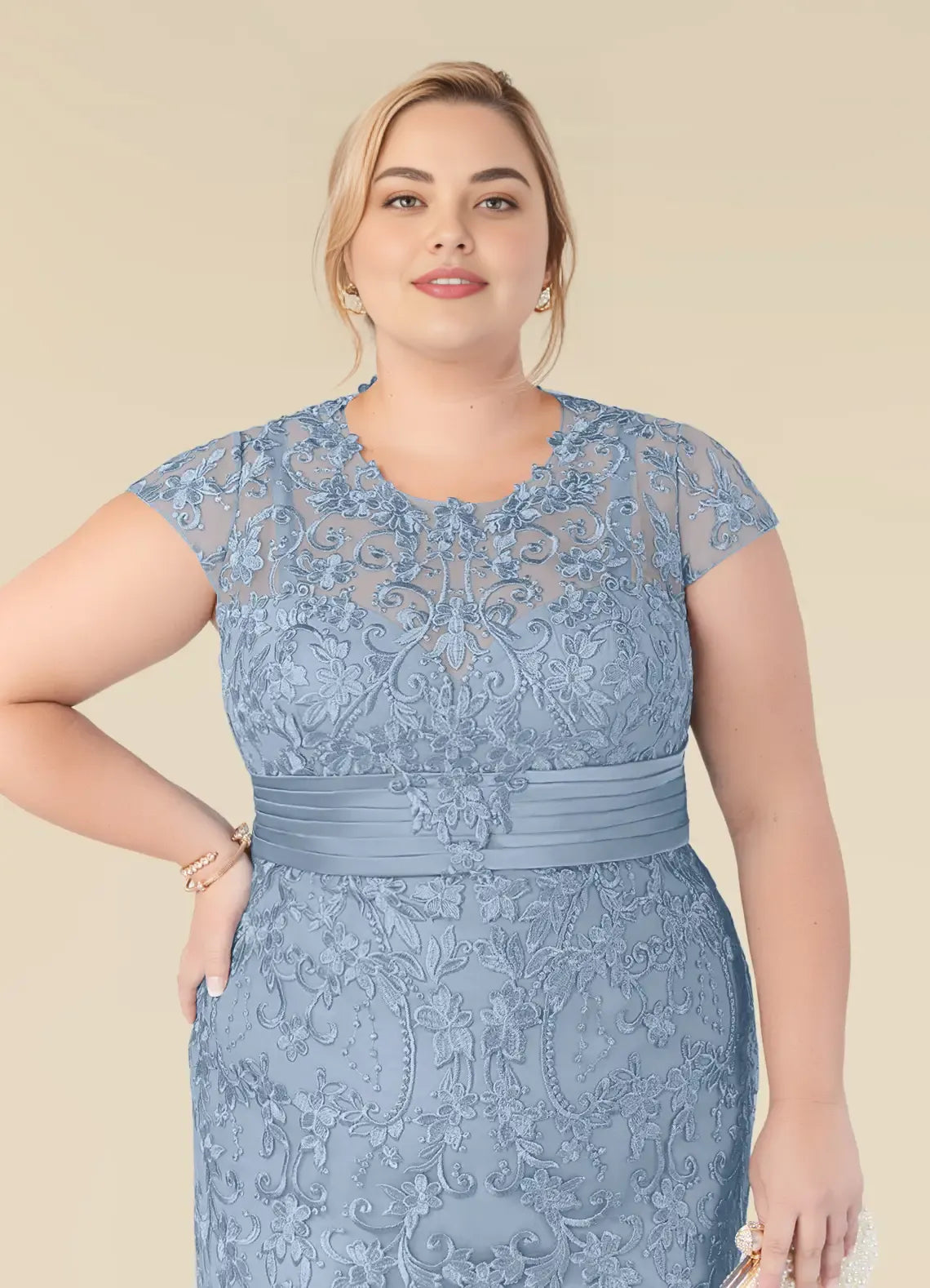 Elegant Dusty Blue Chiffon Mermaid Scoop Neck Floor-Length Mother of the Bride Dress