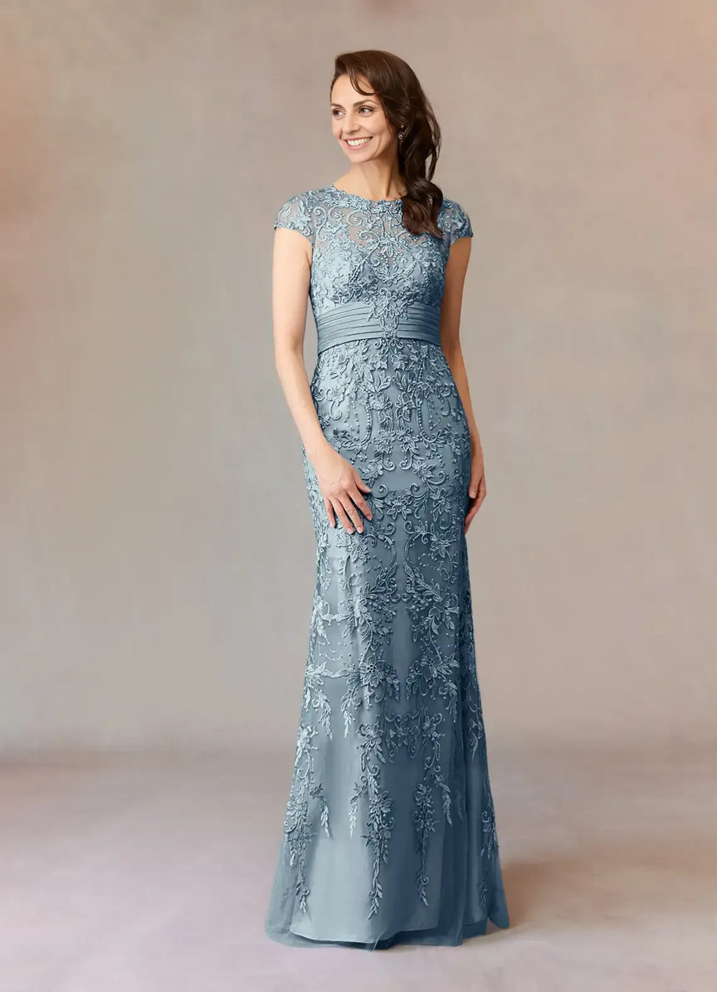 Elegant Dusty Blue Chiffon Mermaid Scoop Neck Floor-Length Mother of the Bride Dress
