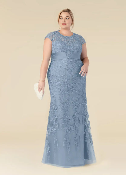 Elegant Dusty Blue Chiffon Mermaid Scoop Neck Floor-Length Mother of the Bride Dress