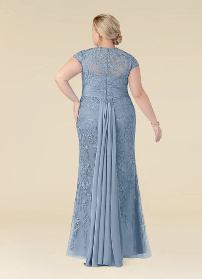 Elegant Dusty Blue Chiffon Mermaid Scoop Neck Floor-Length Mother of the Bride Dress
