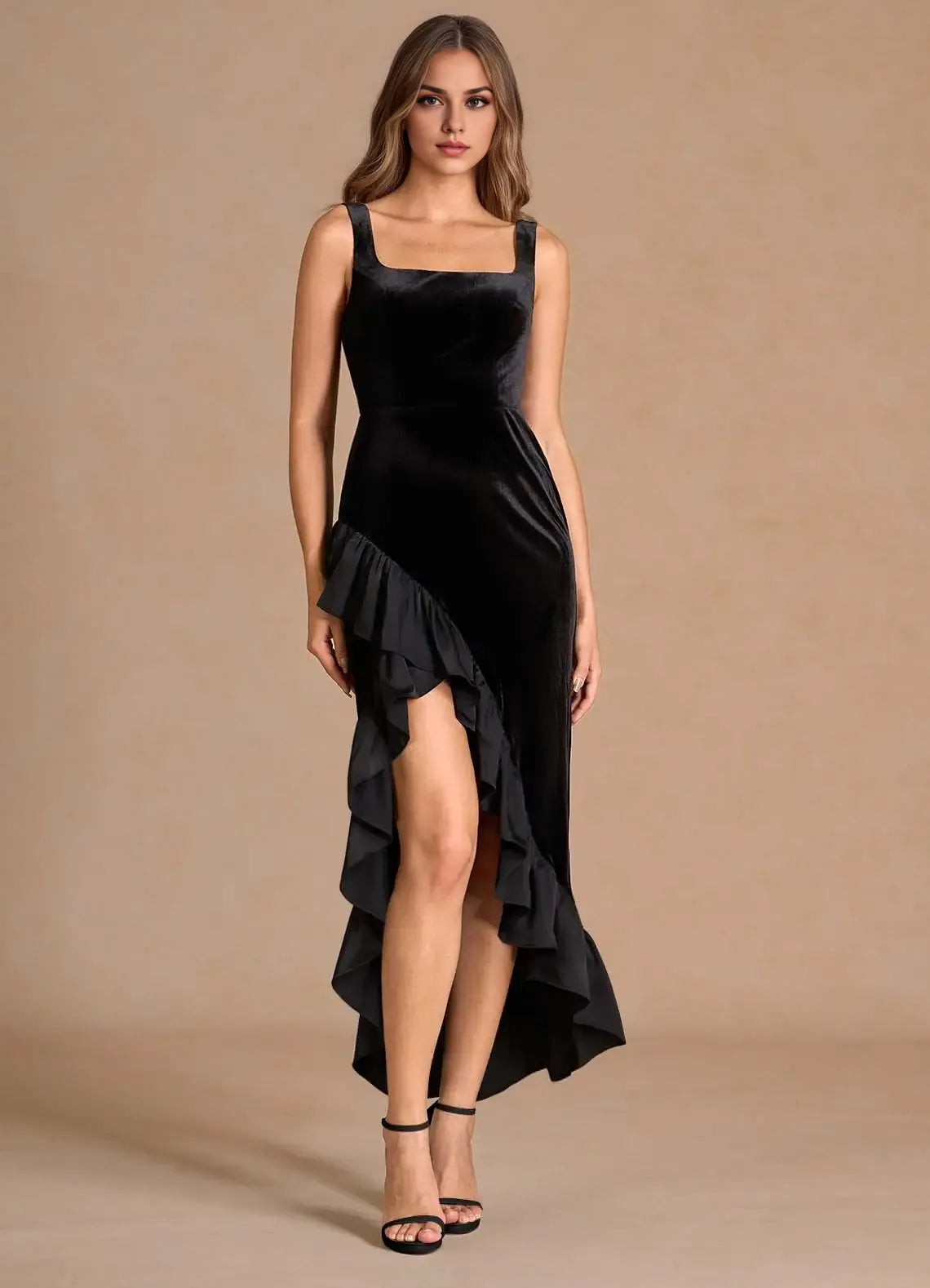 Stylish Refined Beautiful Elegant Black Velvet Mermaid Square Neck Sleeveless Evening Dress