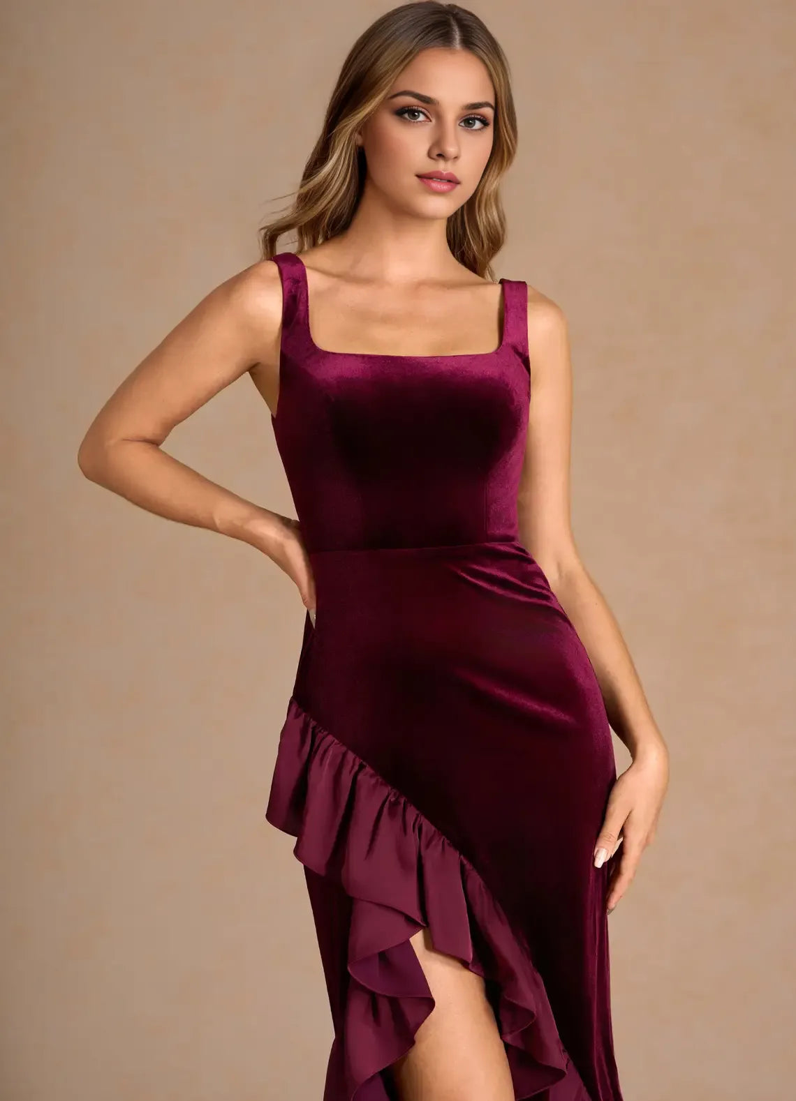 Stylish Refined Beautiful Elegant Black Velvet Mermaid Square Neck Sleeveless Evening Dress