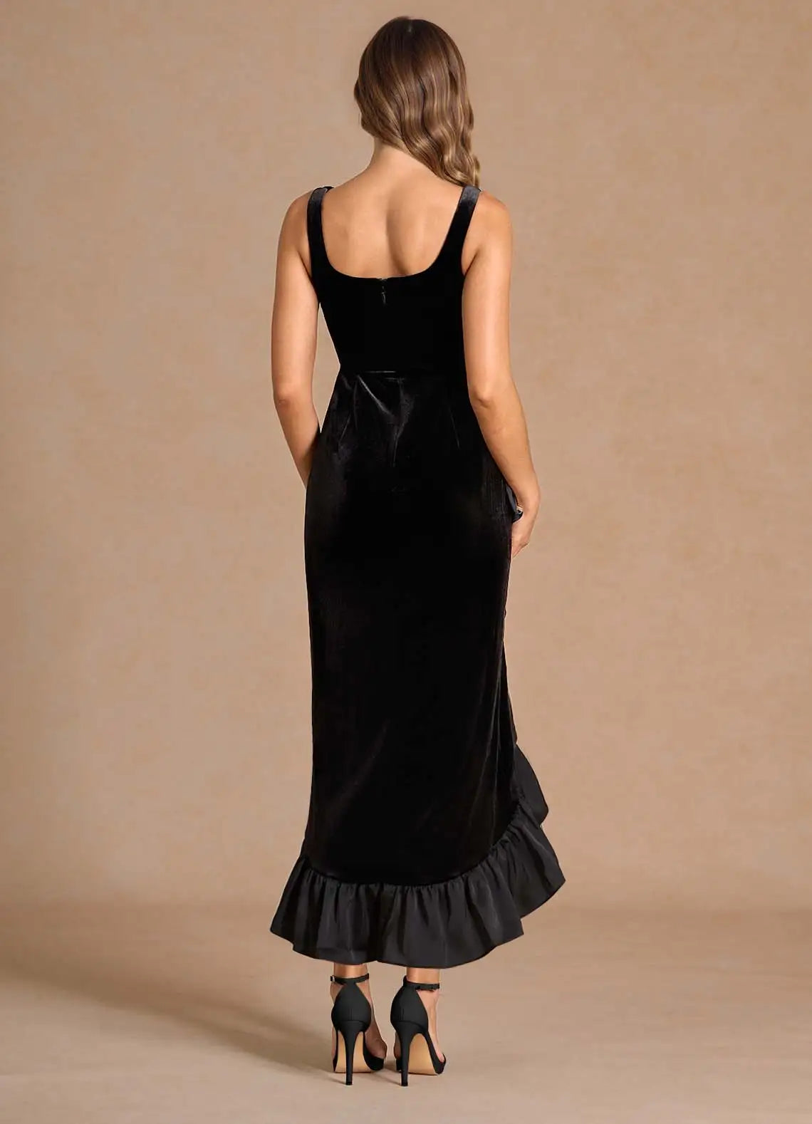 Stylish Refined Beautiful Elegant Black Velvet Mermaid Square Neck Sleeveless Evening Dress