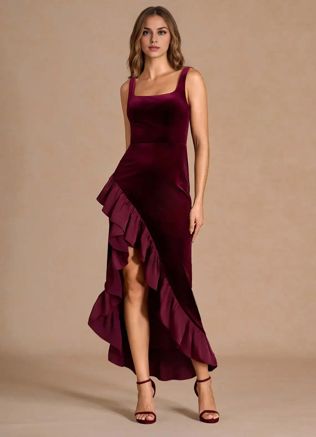 Stylish Refined Beautiful Elegant Black Velvet Mermaid Square Neck Sleeveless Evening Dress