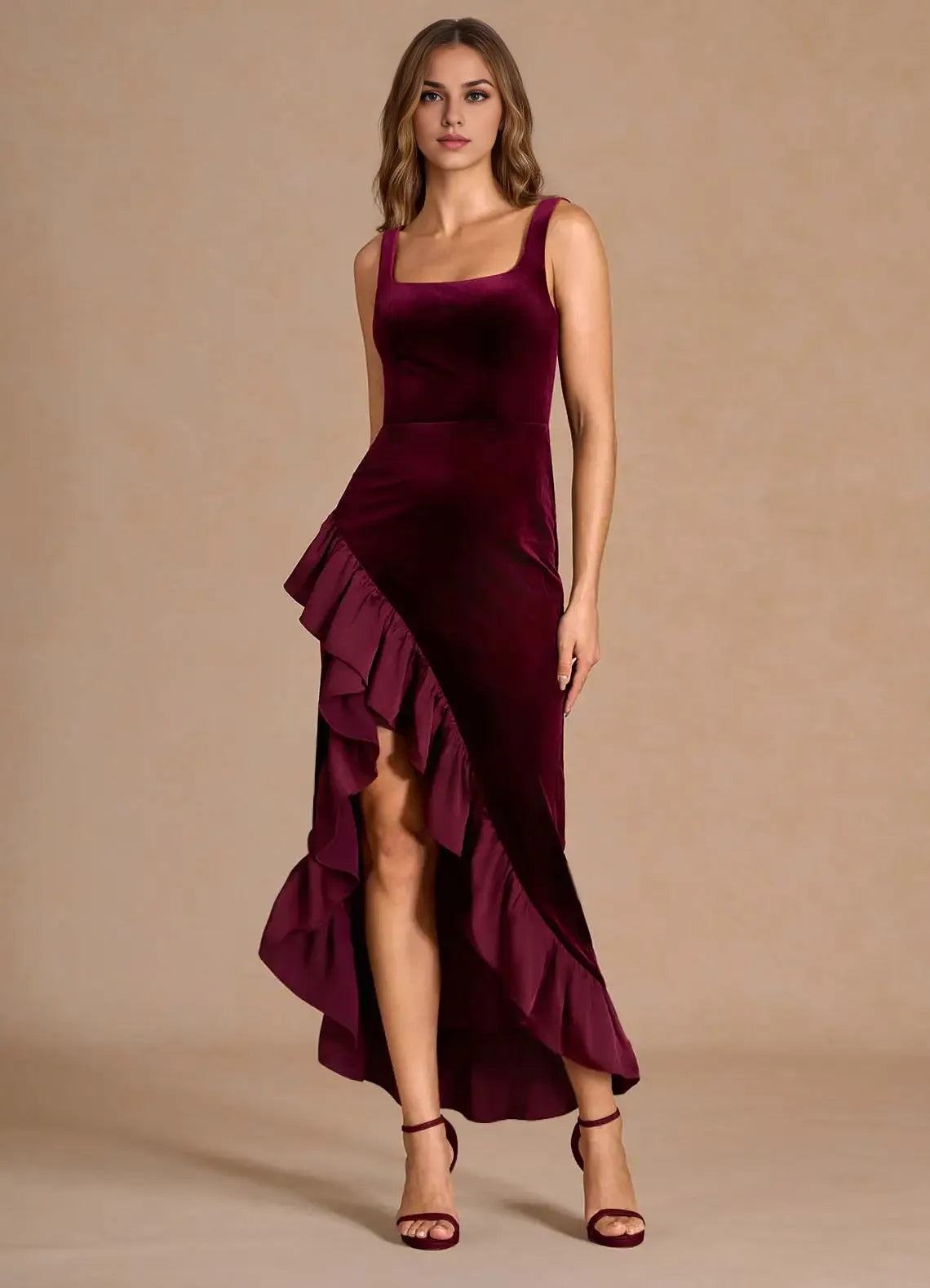 Stylish Refined Beautiful Elegant Black Velvet Mermaid Square Neck Sleeveless Evening Dress