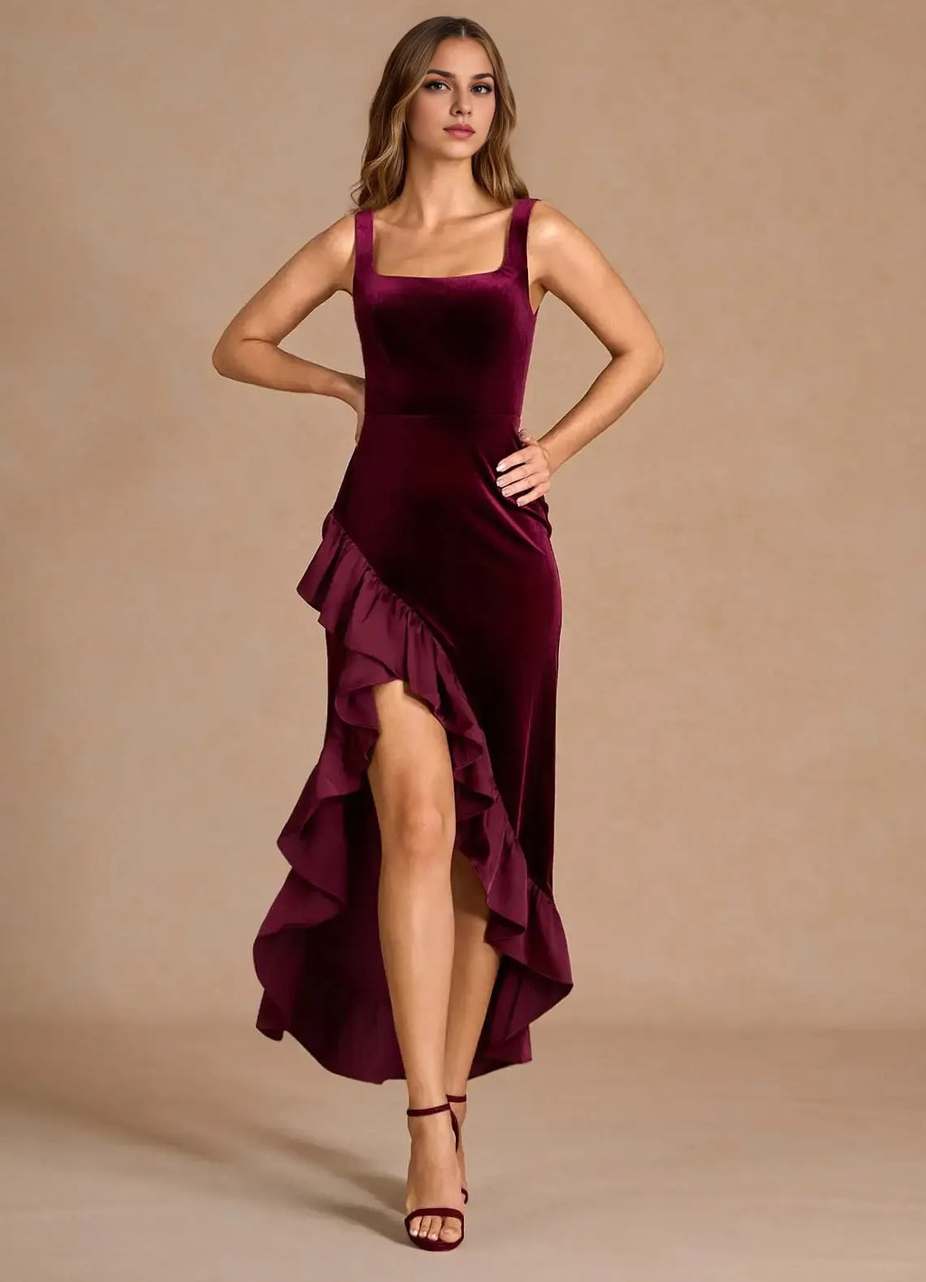 Stylish Refined Beautiful Elegant Black Velvet Mermaid Square Neck Sleeveless Evening Dress