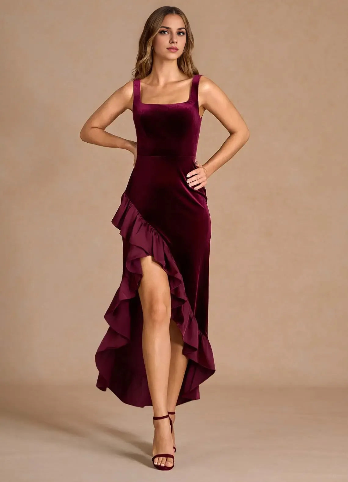 Stylish Refined Beautiful Elegant Black Velvet Mermaid Square Neck Sleeveless Evening Dress