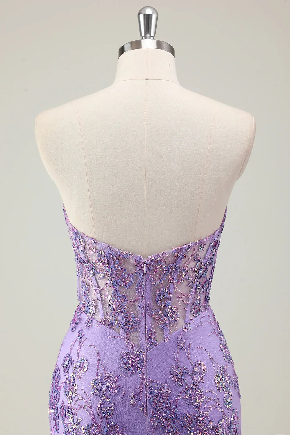 Lavender Charming Mermaid Strapless Corset Sequins Appliques Maxi Prom Dress