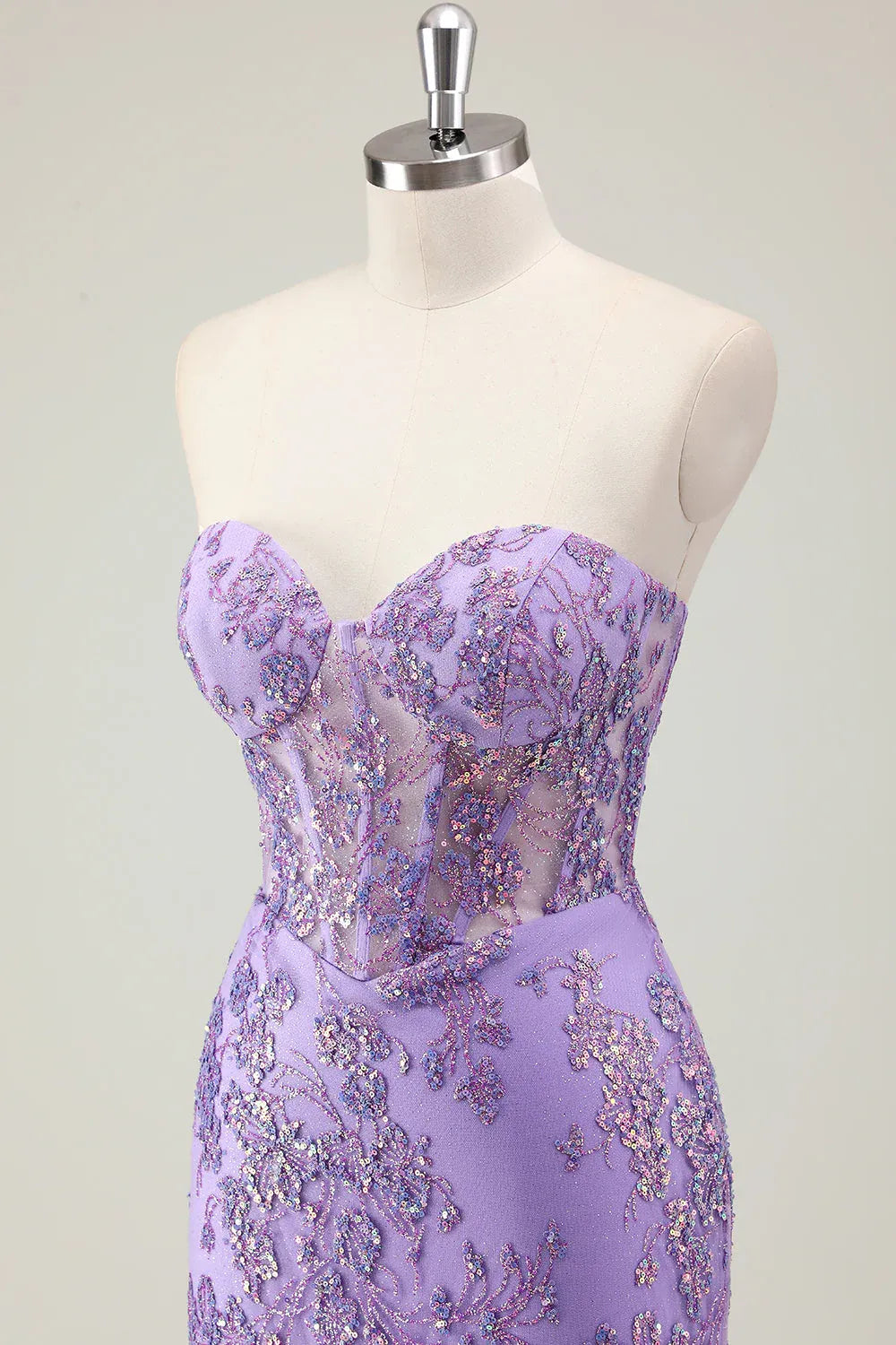 Lavender Charming Mermaid Strapless Corset Sequins Appliques Maxi Prom Dress