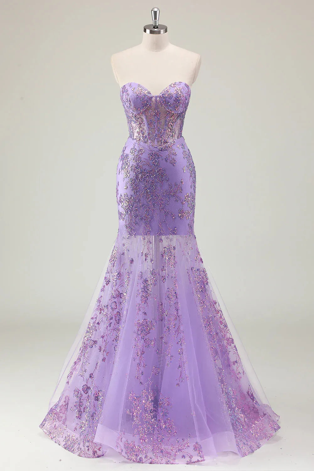 Lavender Charming Mermaid Strapless Corset Sequins Appliques Maxi Prom Dress